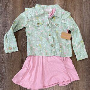Young Hearts Girls 2-Piece Set With Floral Green Jacket & Pink Dress Size 5 NWT